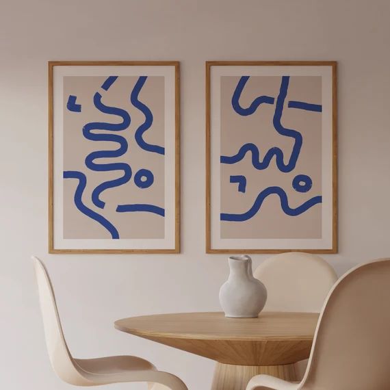 Abstract Art Print Set of 2 Blue and Beige Wall Art Royal - Etsy | Etsy (US)