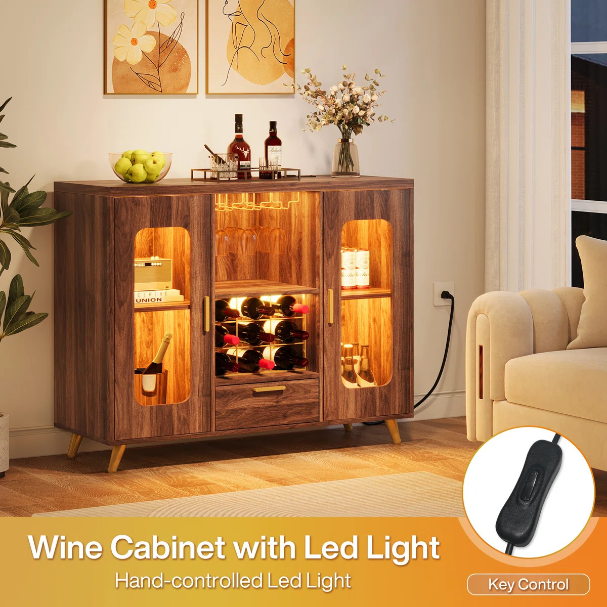 Modern Dark Walnut Bar Cabinet with LED Light, Wine Storage Cabinet with Glass Holder, Built-In P... | Wayfair North America