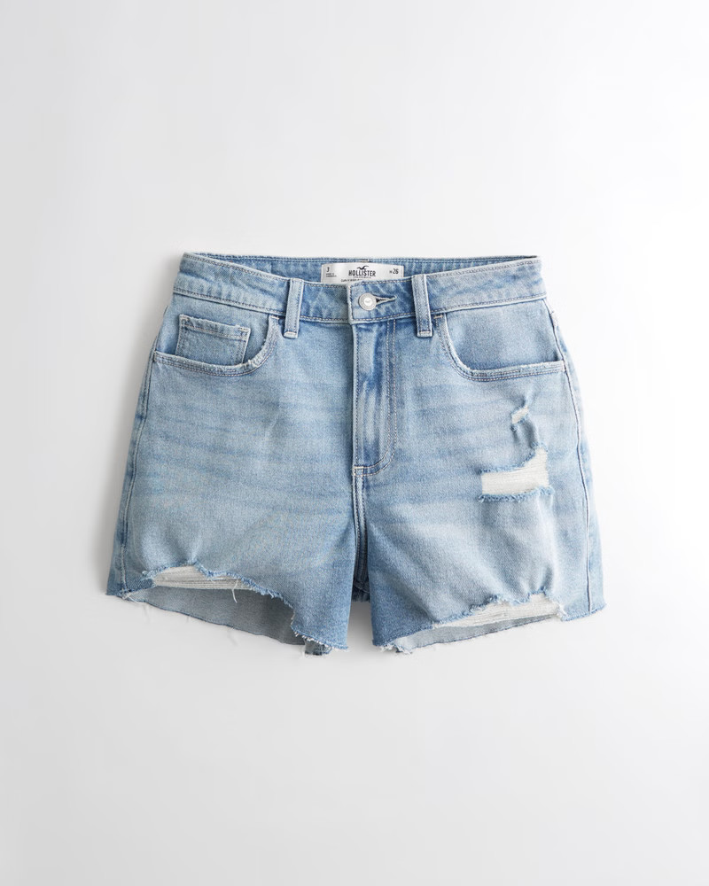 Curvy High-Rise Ripped Light Wash Denim Mom Short | Hollister (US)