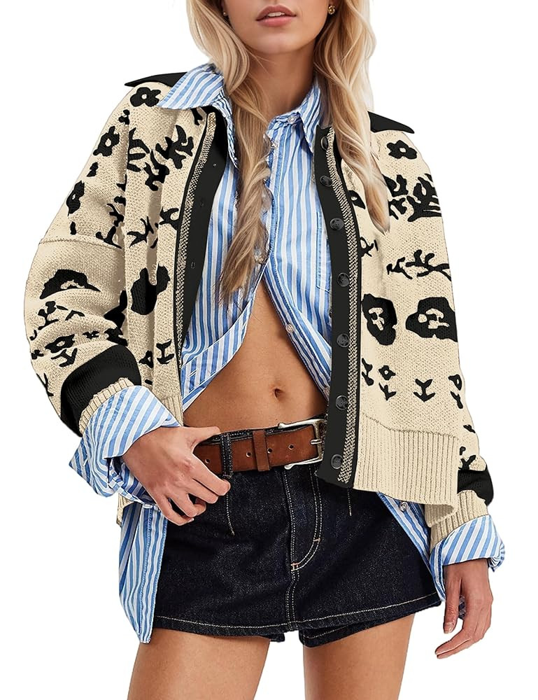 MISSACTIVER Floral Print Button Down Cardigan Sweaters for Women Long Sleeve V Neck Open Front Kn... | Amazon (US)