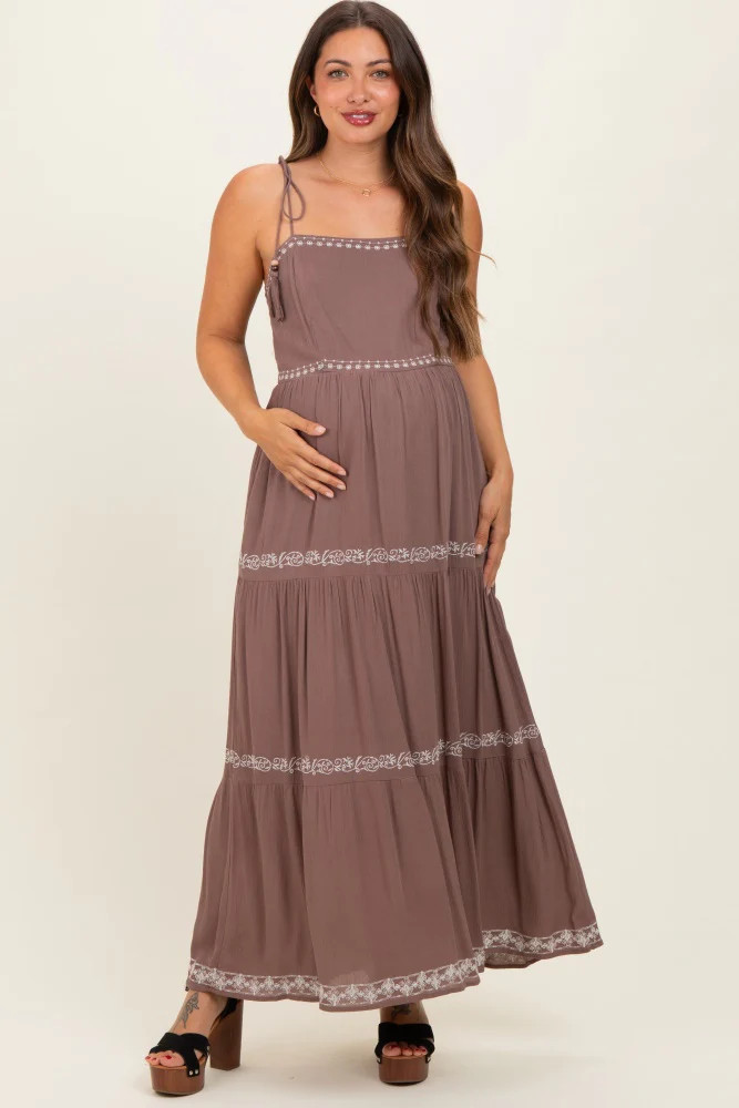 Brown Embroidered Tiered Maternity Maxi Dress | PinkBlush Maternity