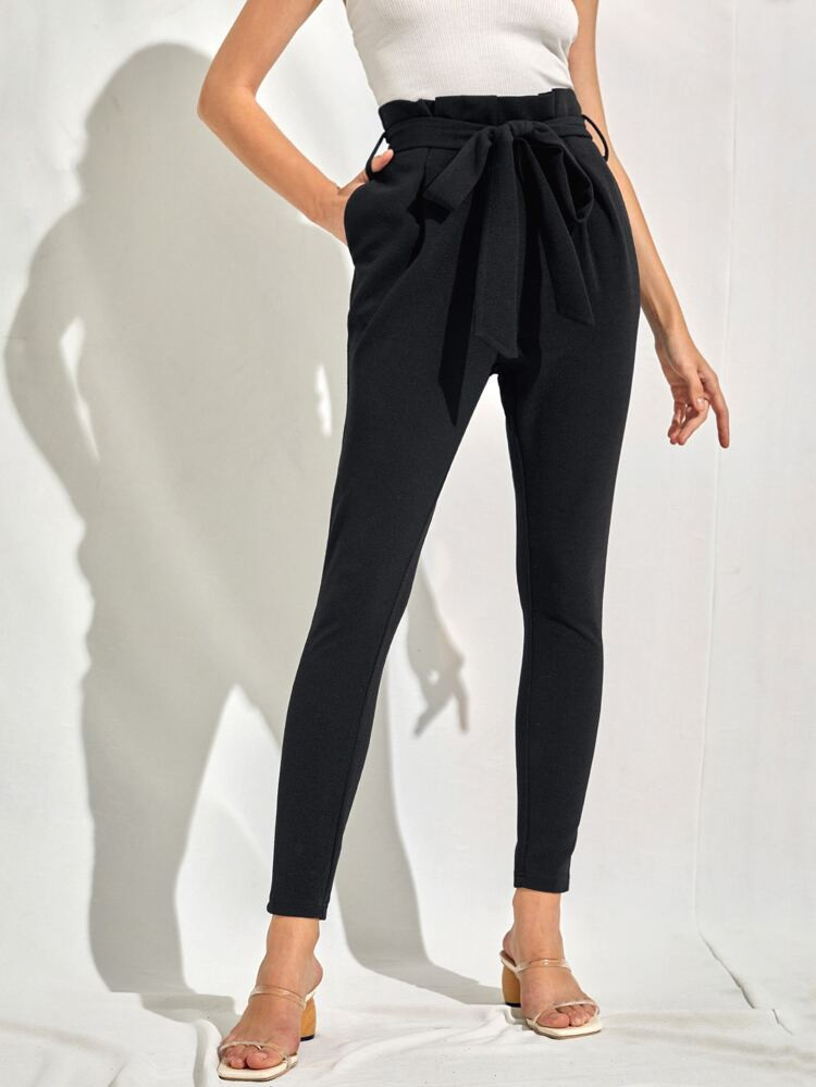 SHEIN Paperbag Waist Self Belted Slant Pocket Pants | SHEIN