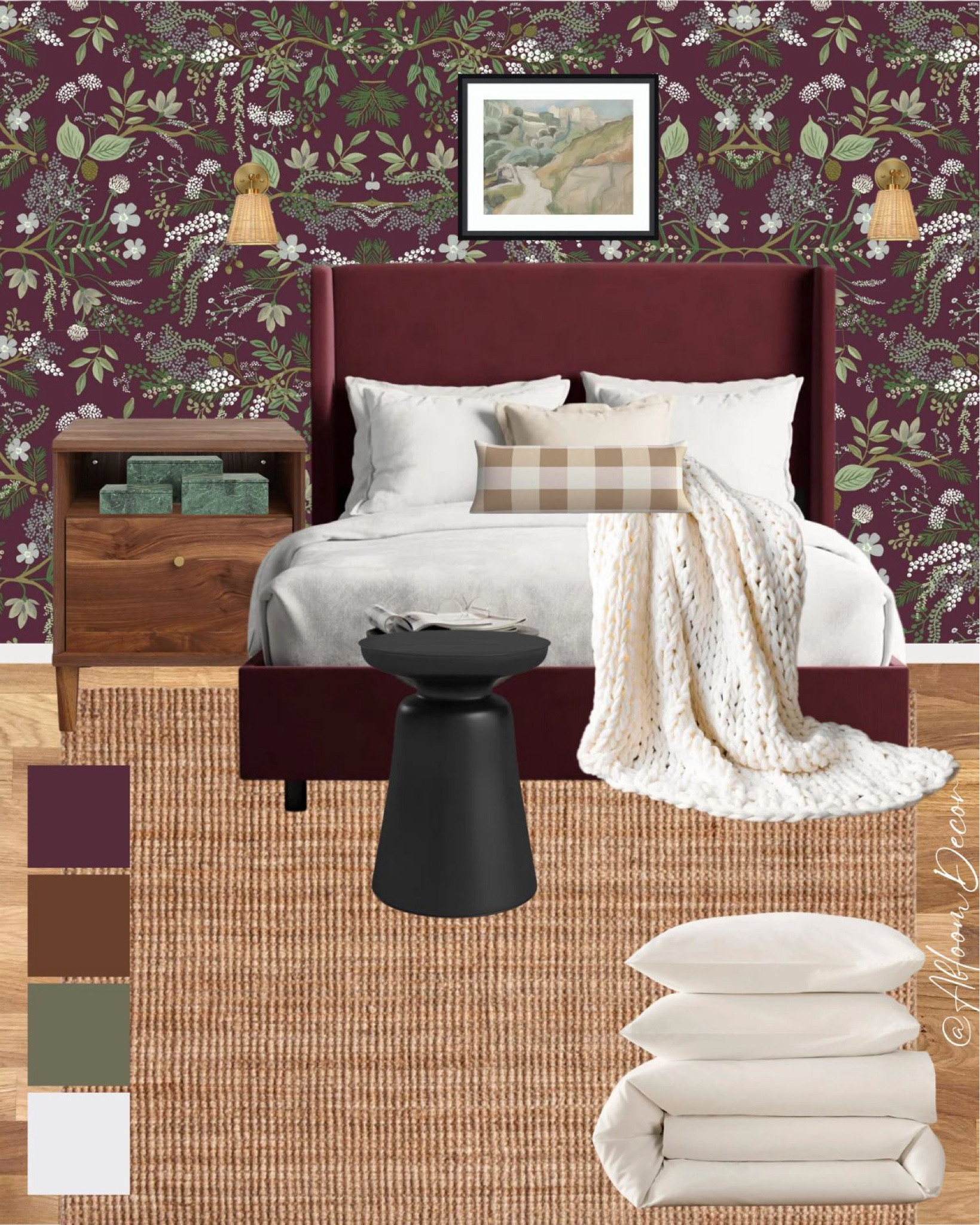 This cozy bedroom combines rich burgundy tones with earthy greens and warm wood accents, creating a welcoming, nature-inspired space. 

#LTKHome