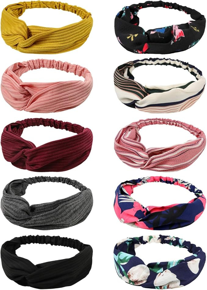 DRESHOW 10 Pack Boho Headbands for Women Vintage Cross Elastic Head Wrap Hair Accessories | Amazon (US)