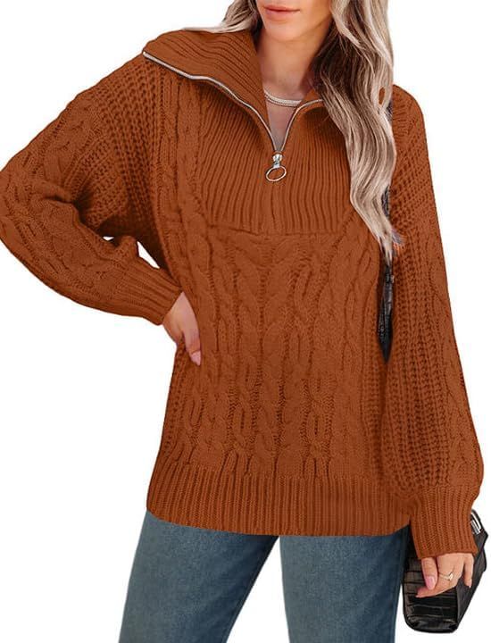Zwurew Women Half Zip Pullover Sweaters Cable Knit Quarter Sweater Zipper Trendy Sweatshirts Lape... | Amazon (US)