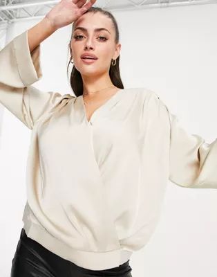 Pretty Lavish Harper relaxed satin wrap blouse in taupe | ASOS | ASOS (Global)