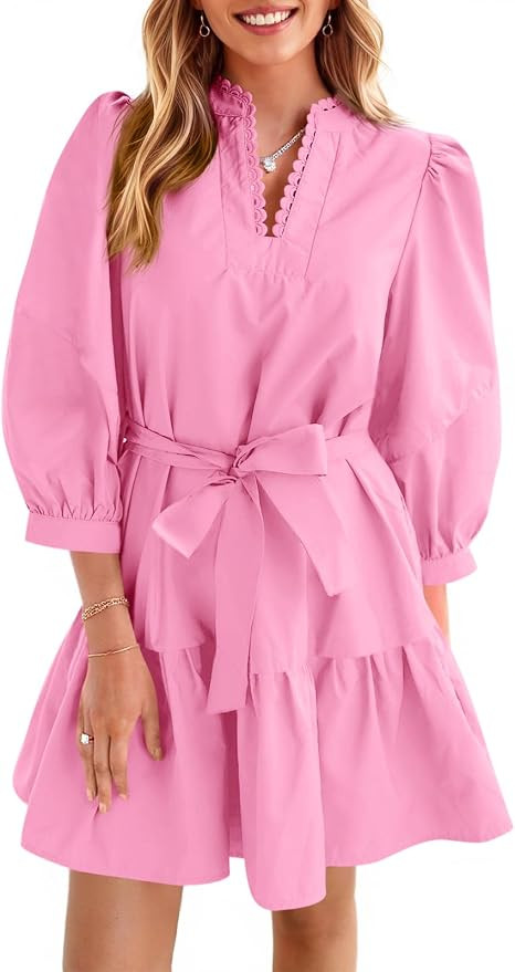 Cicy Bell Womens Puff 3/4 Sleeve Mini Dresses Bow Tie Waist Short Dress | V Neck, Ruffle Tiered, ... | Amazon (US)