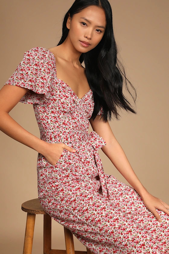 Awesome Blossoms Pink Floral Print Flutter Sleeve Jumpsuit | Lulus (US)