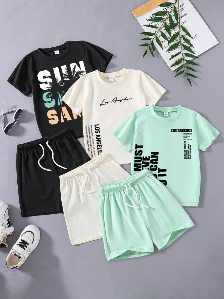 3pcs Set: Young Boy Letter Print Short Sleeve T-Shirt And Shorts | SHEIN