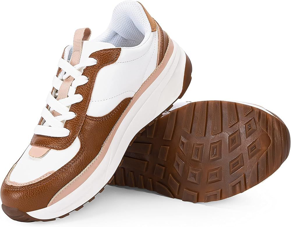 Womens Lace Up Platform Sneakers Retro Colorblock Faux Leather Suede Splicing Comfortable Non Sli... | Amazon (US)