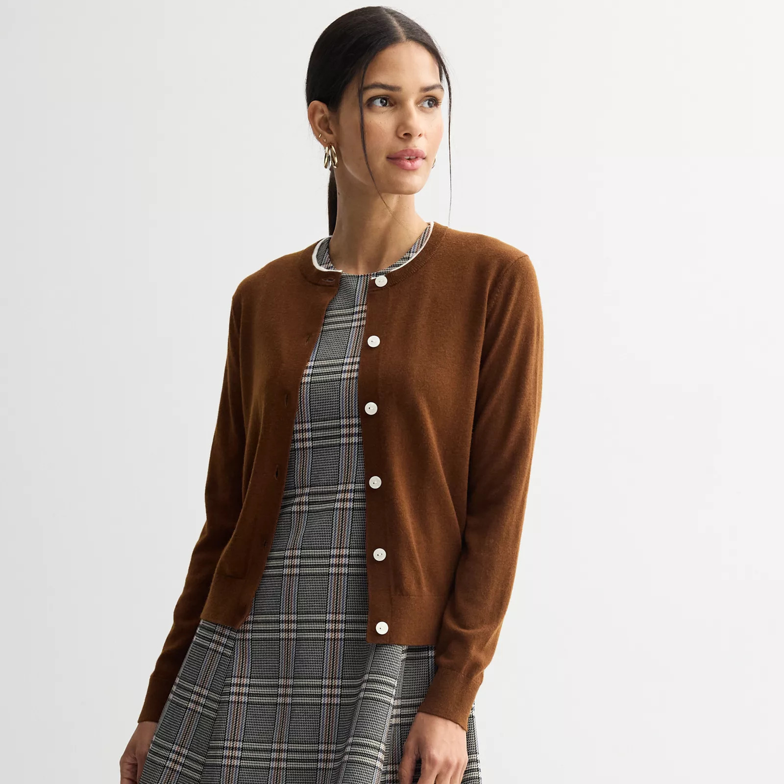 Women's Nine West Crewneck Cardigan, Size: Small, Taro Brown | Kohl's
