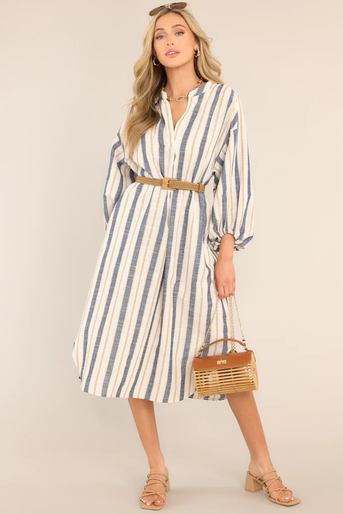 Coastal Charm Dusty Blue Stripe Midi Dress | Red Dress 