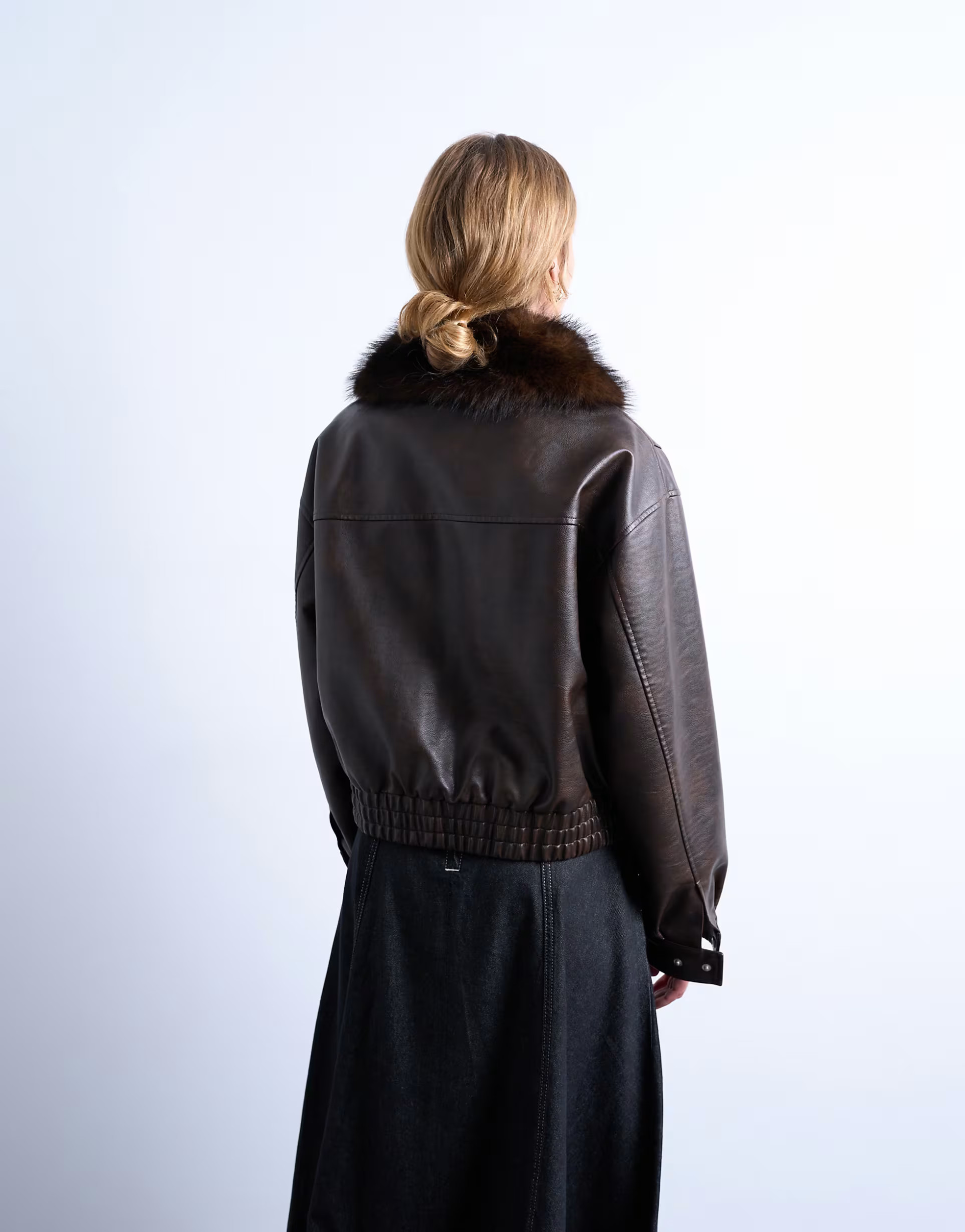 Topshop faux leather boxy zip through pocket bomber jacket with detachable fur collar in washed b... | ASOS (Global)