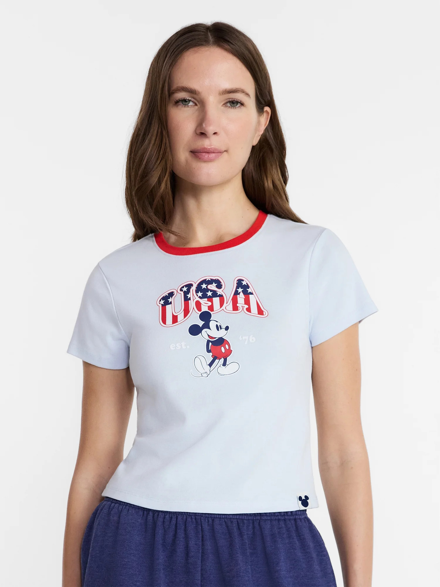 Disney Women's Mickey Stars and Stripes Graphic Baby Tee with Short Sleeves, Sizes XXS-5XL | Walmart (US)