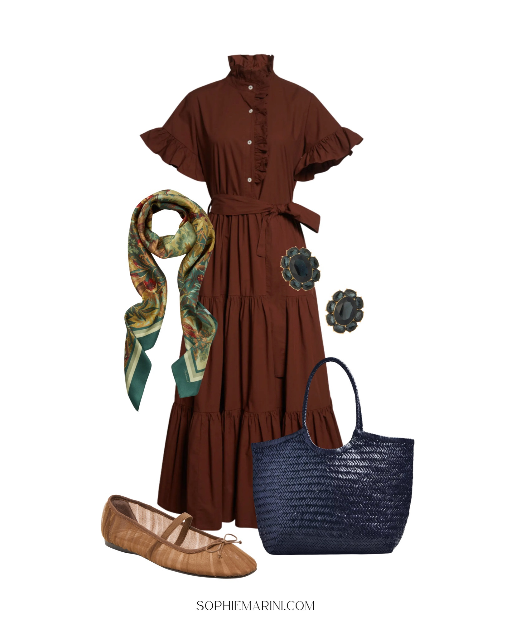 Thanksgiving outfit idea 
[Ruffle Front Dress, brown midi dress, thanksgiving outfit, silk scarf, Forest Toile Large Scarf, Navy Crystal Emaline Studs, statement earrings, dolce vita, Ballet Flats Mid Brown Tulle, navy Woven Leather Tote, fall outfit] 

#LTKStyleTip #LTKParties #LTKSeasonal