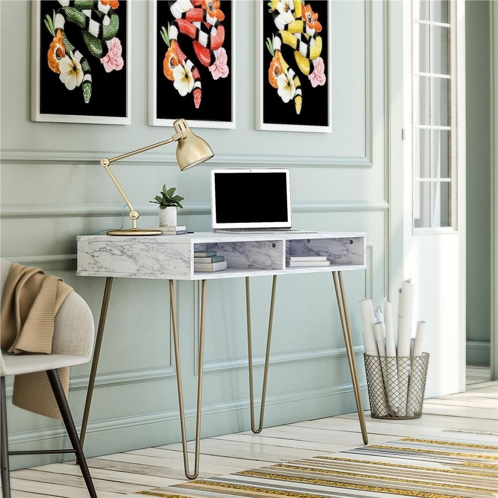 Novogratz Athena White Marble Computer Desk with Storage (As Is Item) | Bed Bath & Beyond
