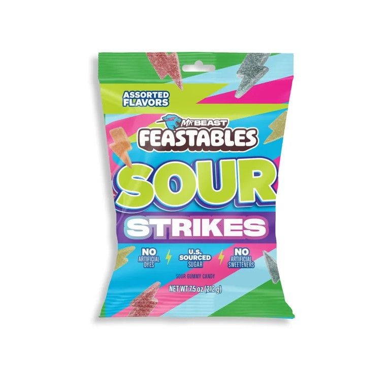 Feastables MrBeast Sour Strikes, Assorted Flavor Sour Gummy Candy, 7.5 oz Bag | Walmart (US)
