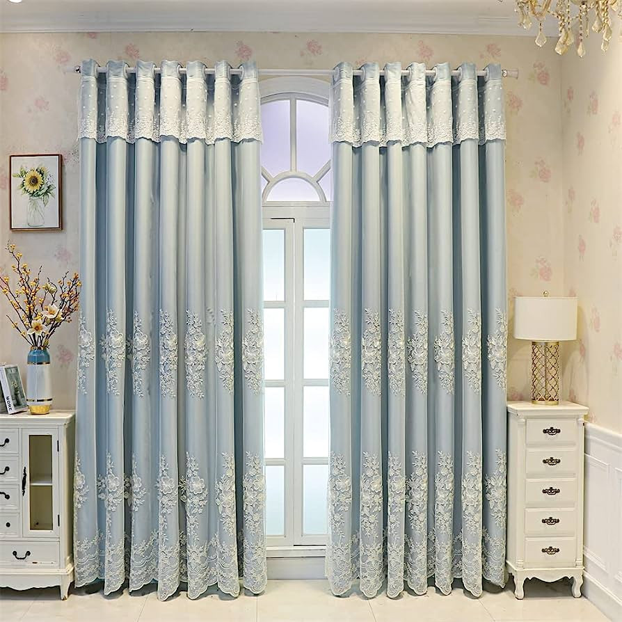 European Blue Double Layer Blackout Curtain with Attached Floral Lace Valance for Parlor Luxury 3... | Amazon (US)