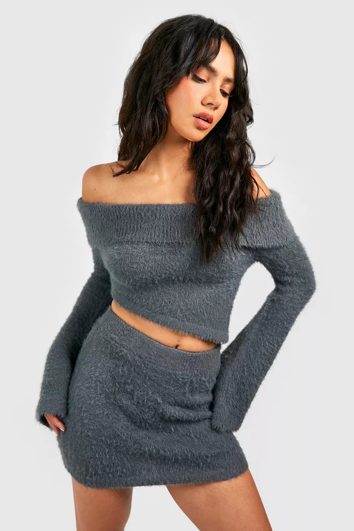 Fluffy Bardot Crop Top & Mini Skirt | Boohoo.com (UK & IE)