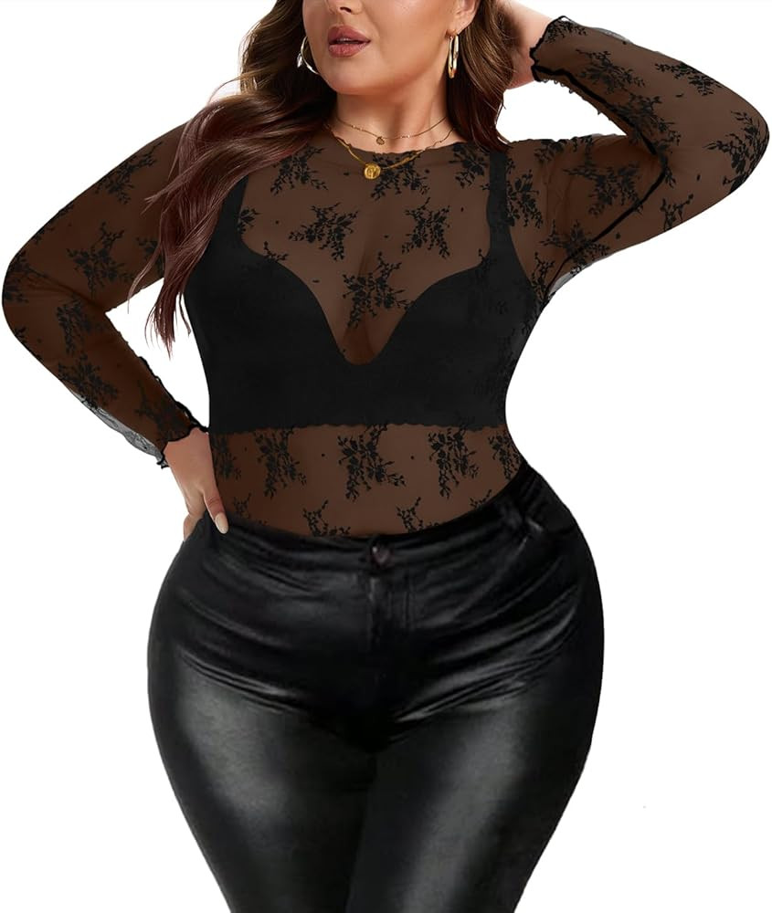 AYIFU Women's Lace Mesh Top Sheer Plus Size See Through Floral Long Sleeve Mock Neck Blouse Tops | Amazon (US)