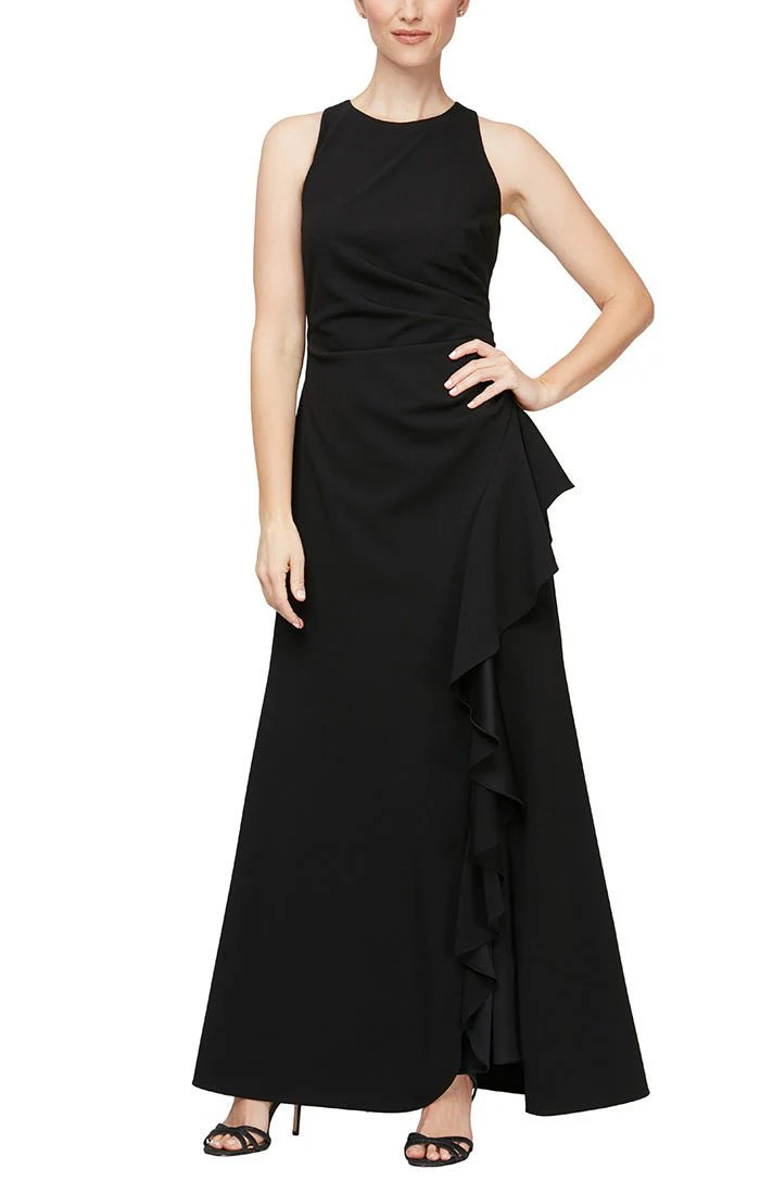 Sleeveless Stretch Crepe Dress with Cascade Ruffle Skirt Detail &amp; Cutaway Neckline | Alex Evenings