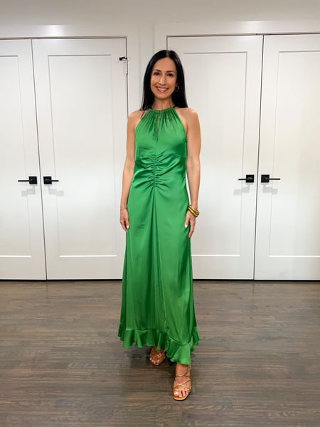 This Green satin halter Dress with ruching detail would be perfect to wear as a wedding guest, for graduation, or Mother’s Day! Also in orange, black, and floral patterns. Tts. Wearing xs  

#LTKfindsunder50 #LTKover40 #LTKwedding