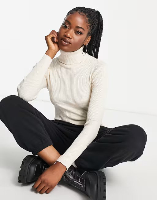 Stradivarius roll neck knit top in beige | ASOS (Global)