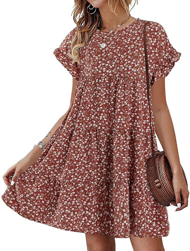 Imysty Womens Boho Floral Ruffle Sleeve Babydoll Loose Flowy Casual Summer Pleated Mini Dress | Amazon (US)
