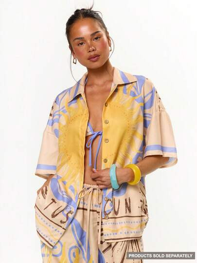 MUSERA Graphic Solar Print Button Through Short Sleeved Shirt Vacation Holiday Festival Cute Casual Elegant Beach Holiday Ibiza Graphic Tuscan Sun Elegant Spring Summer | SHEIN