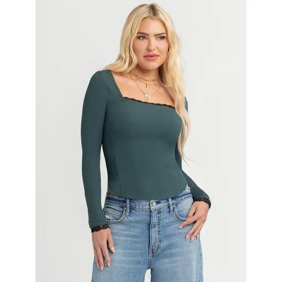 Jessica Simpson Women's and Women's Plus Aleera Ribbed Knit Top with Lace Trim, Sizes XS-4X | Walmart (US)