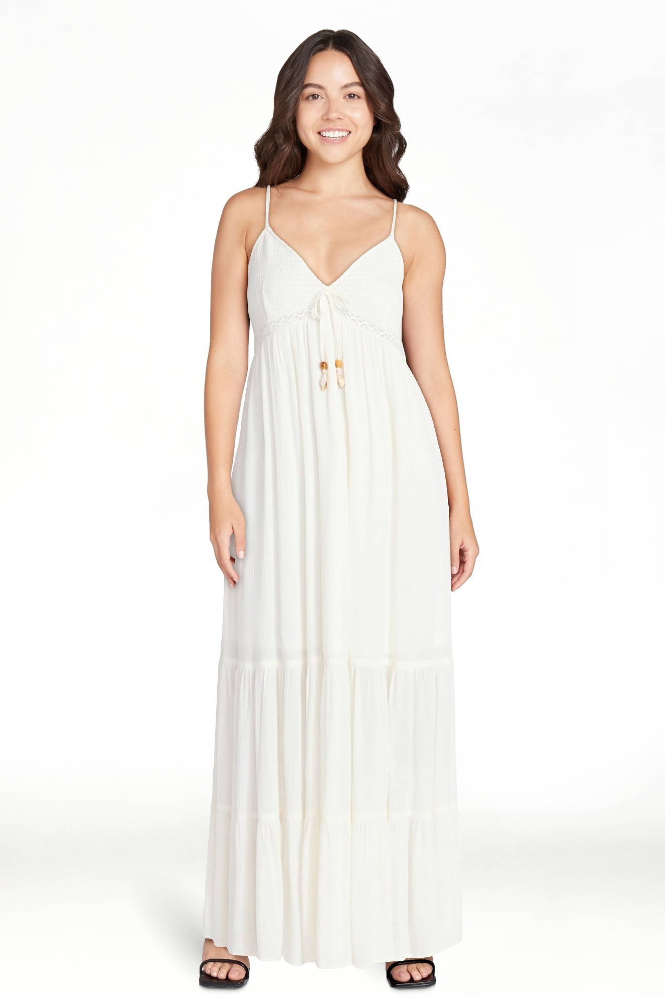 No Boundaries Crochet Lace Trim Tiered Maxi Dress, Women's XXS-XXL | Walmart (US)