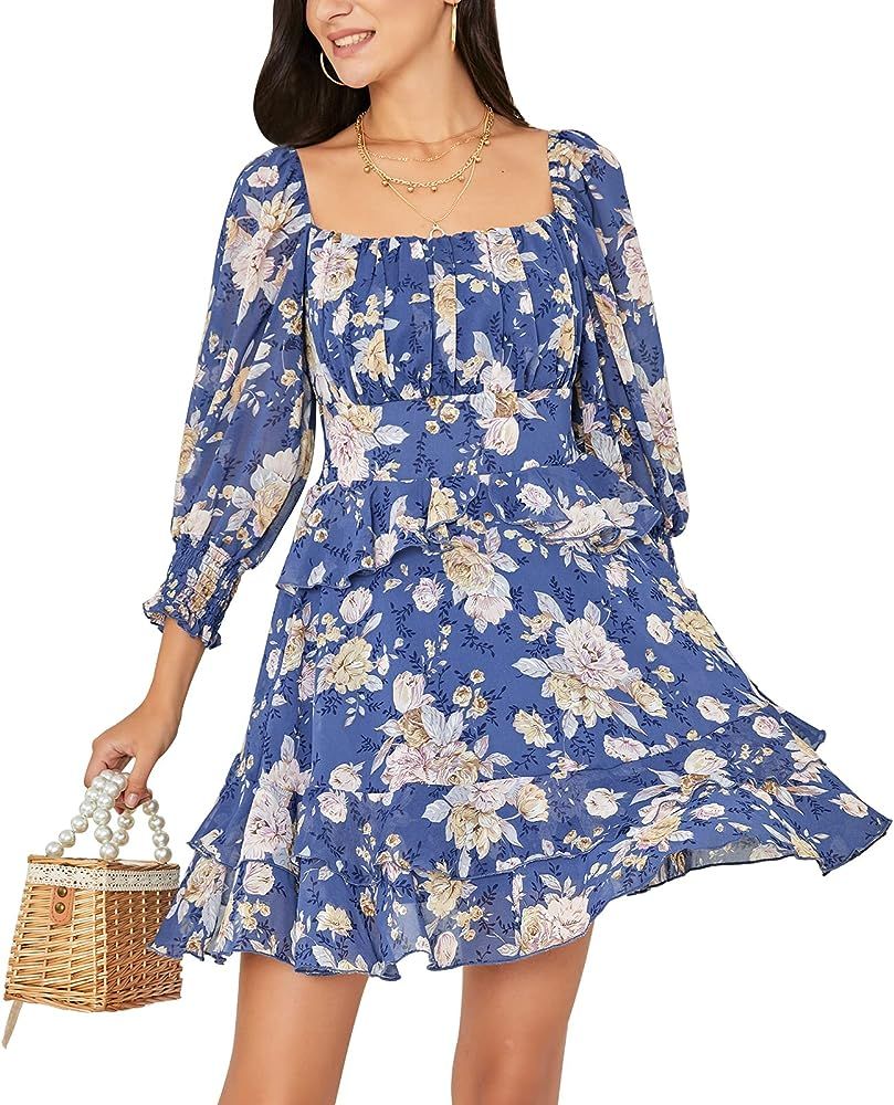 EXLURA Womens Floral Ruffle Summer Dress Sundress Tiered Square Neck Long Sleeve Off Shoulder Smocke | Amazon (US)