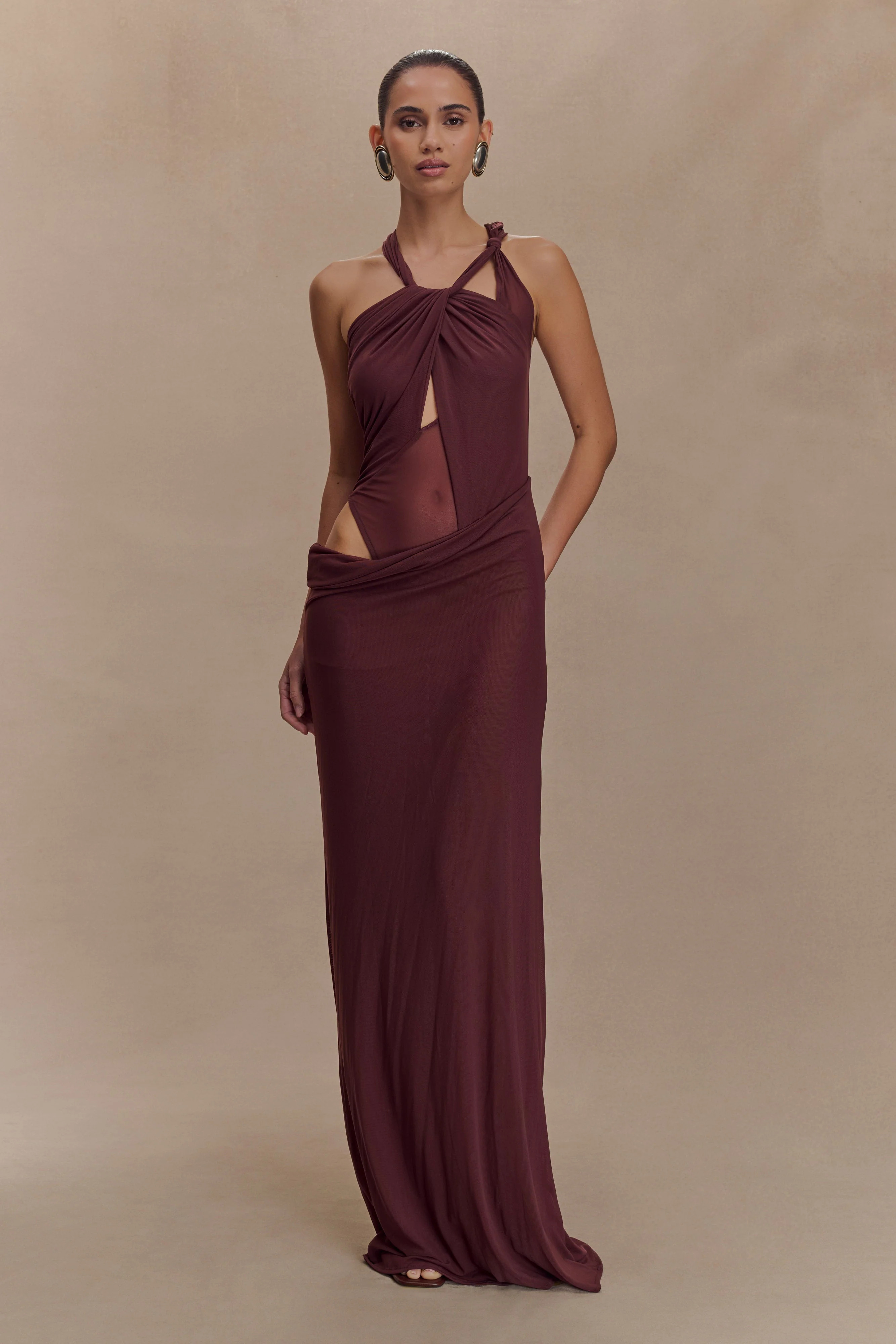Edwina Knotted Mesh Maxi Dress - Mahogany | MESHKI US