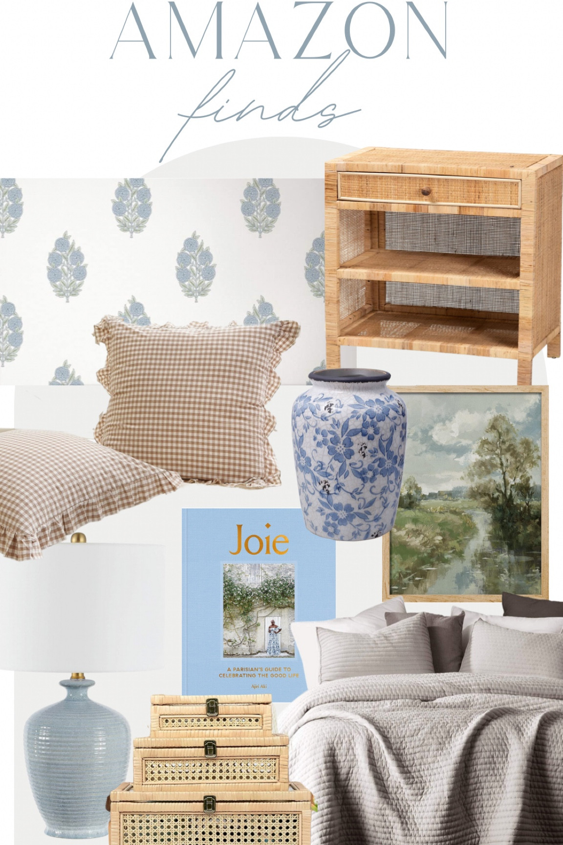Amazon finds! Amazon home decor, home decor, neutral decor, coastal decor, blue and white decor, wicker nightstand, rattan nightstand, bedding, quilt, gingham pillows, blue lamp, wall art

#LTKfindsunder100 #LTKfindsunder50 #LTKhome