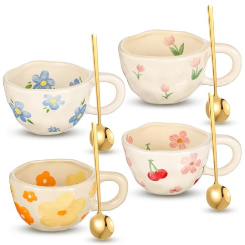 mekueeex 4 Styles Cute Spring Ceramic Flower Coffee Mug Set 8.5 oz Vintage Aesthetic Porcelain Floral Tea Coffee Cup with Handle Dishwasher Microwave Safe for Mother's Day Easter Gift for Women | Amazon (US)