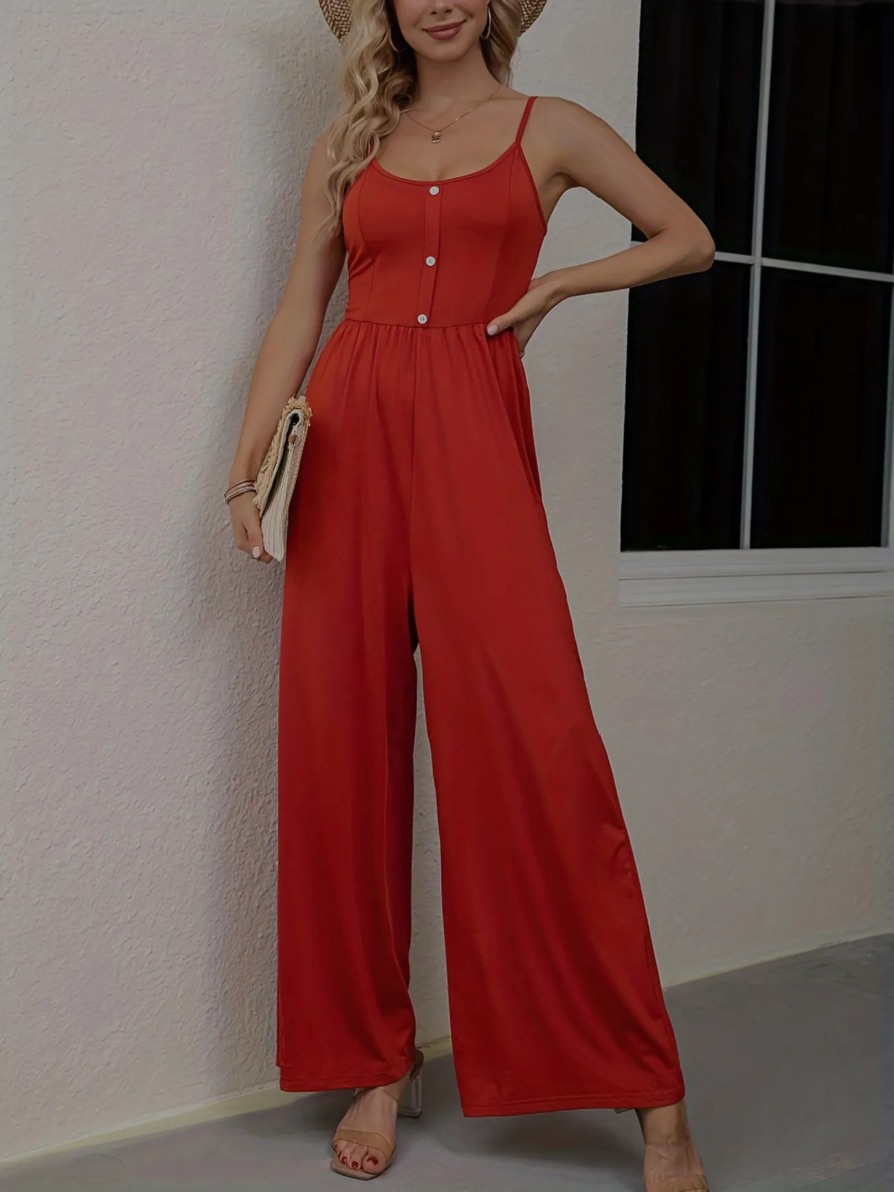 Casual Solid Button Spaghetti Jumpsuit Sleeveless Wide Leg Loose Waist Jumpsuit Womens Clothing |... | Temu Affiliate Program