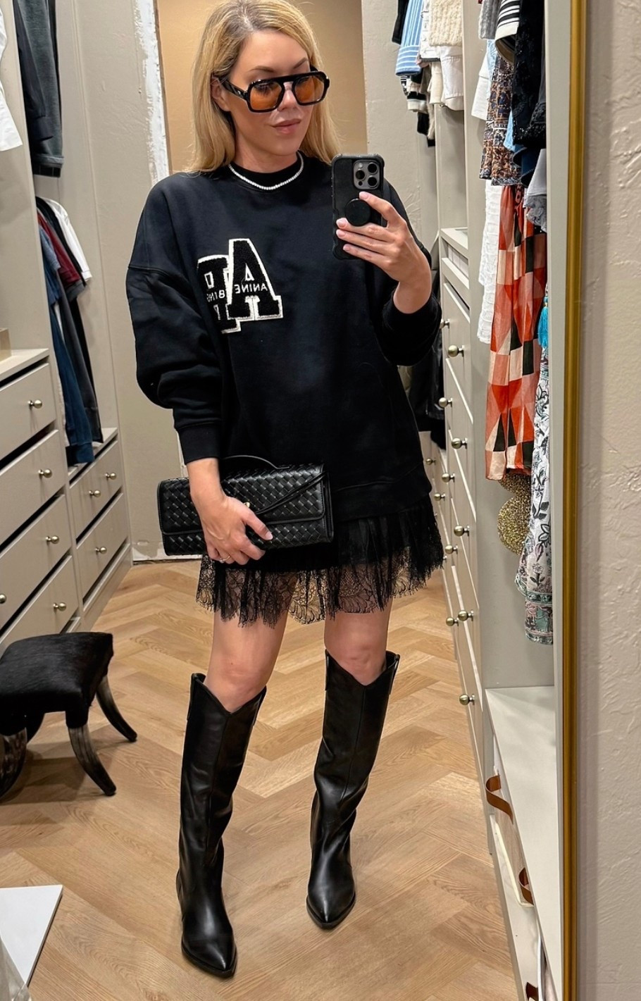 Anine Bing sweatshirt 
Lace skirt
Western boots #LTKFindsUnder50

#LTKSeasonal