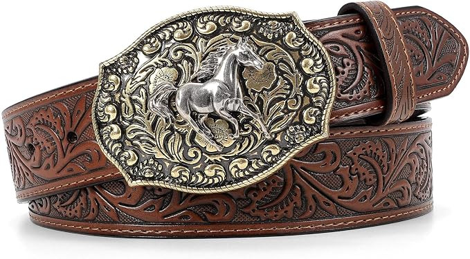 Cowboy Belts for Men Women Embossed Leather Western Belt with Horse Buckle | 1.5" Cow Split Leath... | Amazon (US)