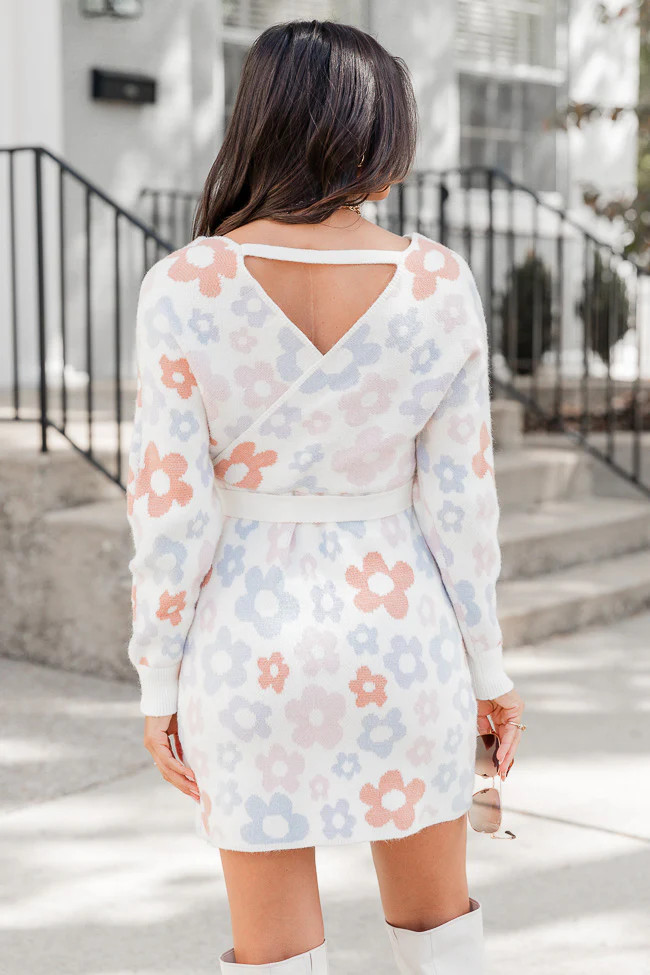Crisp Fall Cream Multi Floral Belted Sweater Mini Dress FINAL SALE | Pink Lily