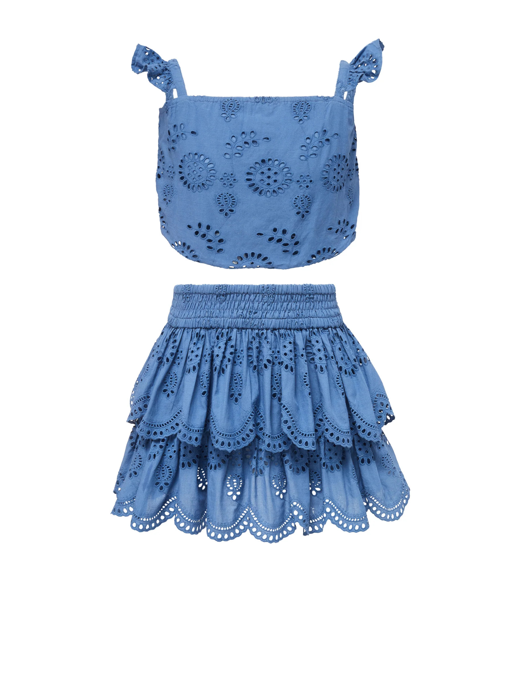 Girls Bryn Top & Skirt Set In Steel Blue San Andrés Eyelet | Change of Scenery