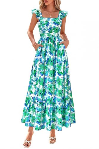 dowerme Womens Summer Dresses 2026 Ruffle Sleeve Square Neck Floral Boho Midi Dress Spring Smocke... | Amazon (US)