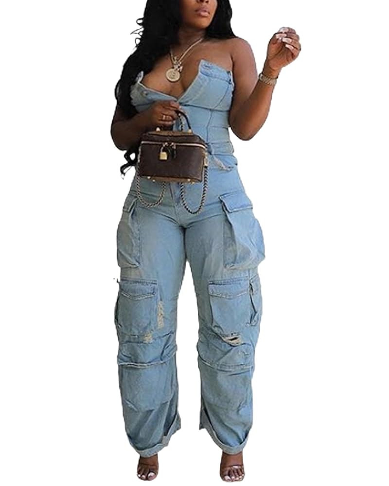 Tbahhir Women's Sexy Off Shoulder Tube Denim Cargo Jumpsuits Wide Leg Baggy Loose Jean Pants Romp... | Amazon (US)