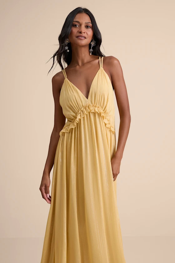Massiel Yellow Lurex Ruffled Maxi Dress | Lulus