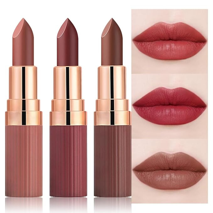 3Pcs Nude Rose Bright Red Warm Brown Lip Stick,Matte Cream Lipstick Set for Women,Long Lasting Wa... | Amazon (US)