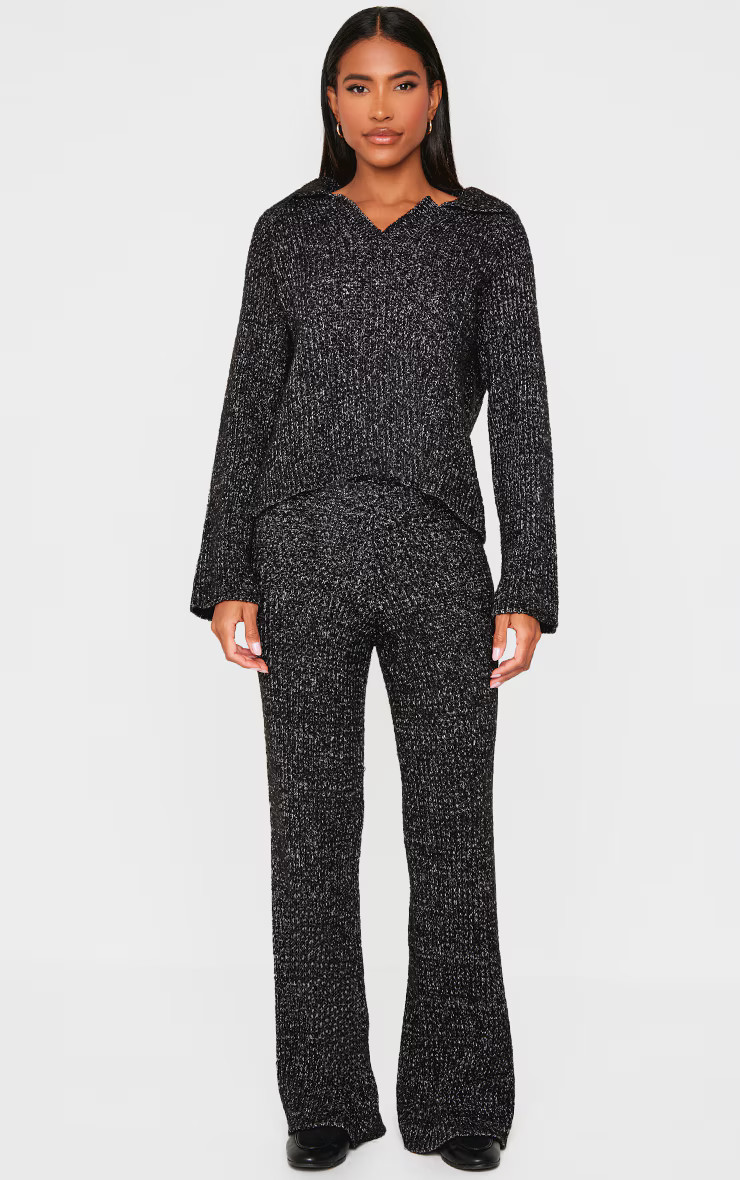 Black Marl Knit Wide Leg Pants | PrettyLittleThing US