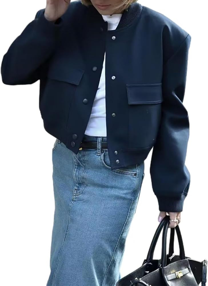 Women Cropped Bomber Jacket Casual Button Down Stand Collar Varsity Jacket with Big Pockets | Amazon (US)