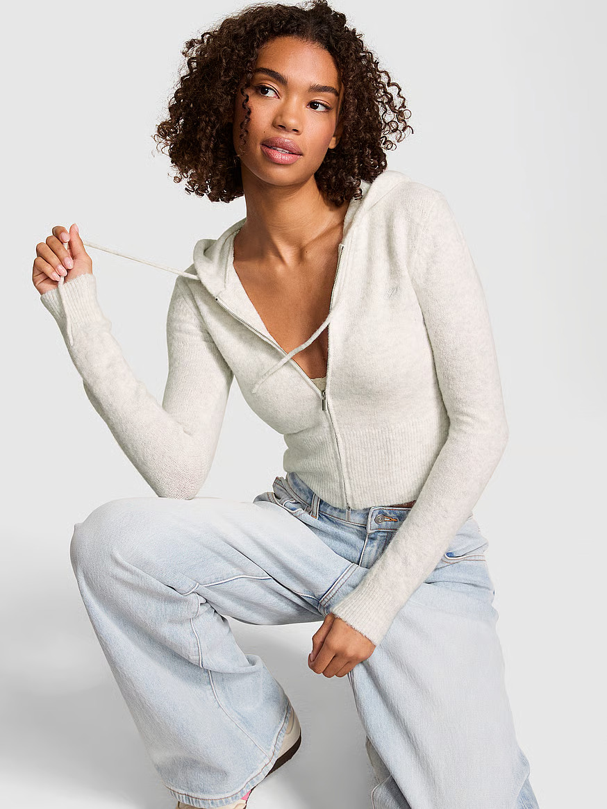 Buy Front-Zip Shrunken Sweater Hoodie, Charcoal Heather - Order Sweaters online - Victoria's Secr... | Victoria's Secret (US / CA )