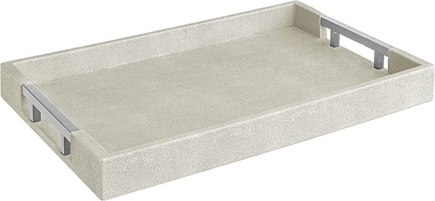 18”x12” Natural Ivory Beige Rectangle Shagreen Faux Leather Decorative Serving Tray with Meta... | Amazon (US)