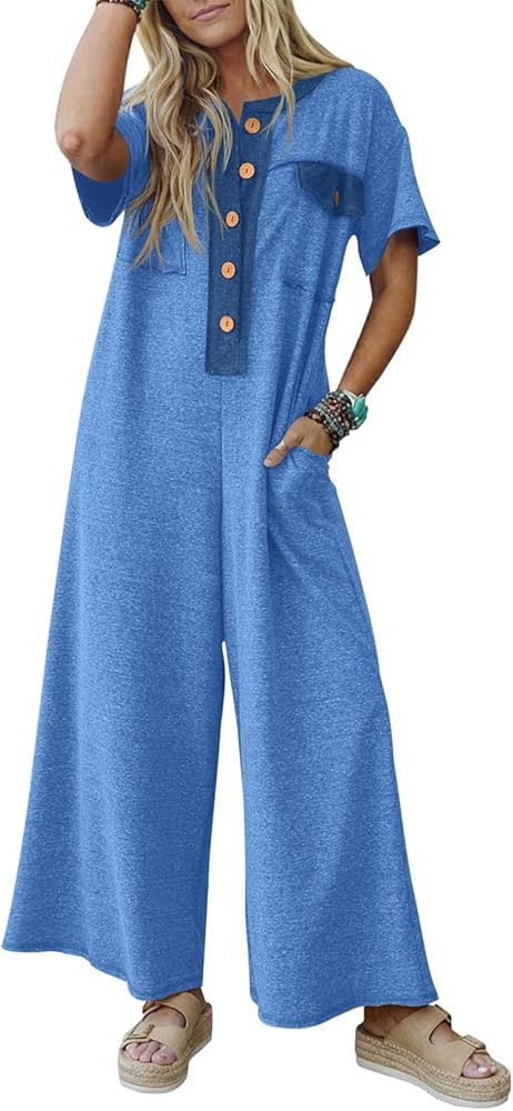 Fisoew Womens Casual Loose Jumpsuits Short Sleeve V-Neck Button Down One Piece Outfits Wide Leg S... | Amazon (US)