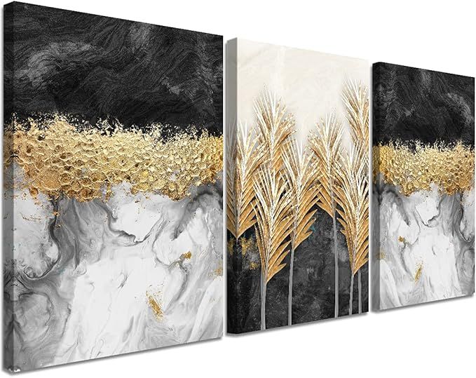 QTESPEII Large Modern Black and Gold Wall Art Decor for Living Room White Marble Artwok Abstract ... | Amazon (US)